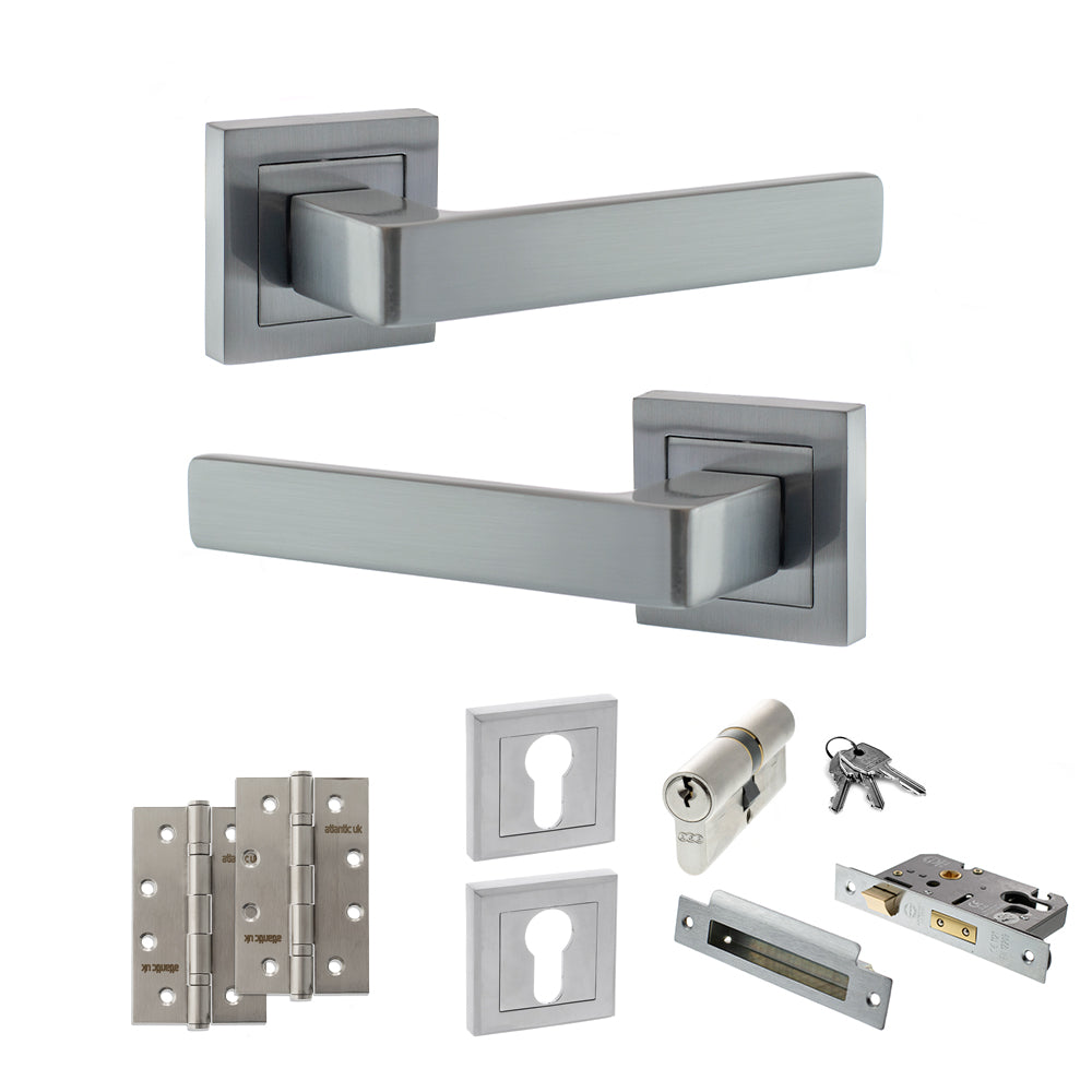 Quality image of STATUS Montana Door Handle Pack (Euro Lock Set - 2.5" CE Sashlock, 4" Slim Knuckle Hinges x2) - Satin Chrome | Sku. adps40ssc24 | available from Trade Door Handles.
