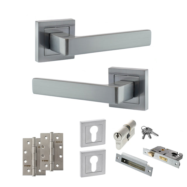 Quality image of STATUS Montana Door Handle Pack (Euro Lock Set - 3" CE Sashlock, 4" Slim Knuckle Hinges x2) - Satin Chrome | Sku. adps40ssc25 | available from Trade Door Handles.
