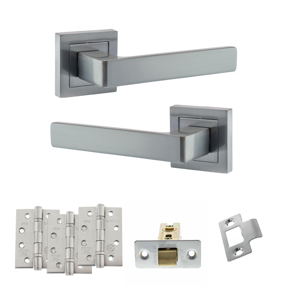 Quality image of STATUS Montana Door Handle Pack (Latch Set - 2.5" CE Latch, 4" Fire Rated Hinges x3) - Satin Chrome | Sku. adps40ssc3 | available from Trade Door Handles.