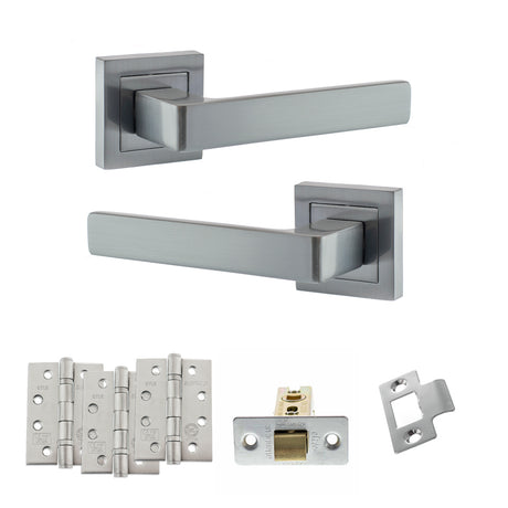 Quality image of STATUS Montana Door Handle Pack (Latch Set - 3" CE Latch, 4" Fire Rated Hinges x3) - Satin Chrome | Sku. adps40ssc4 | available from Trade Door Handles.