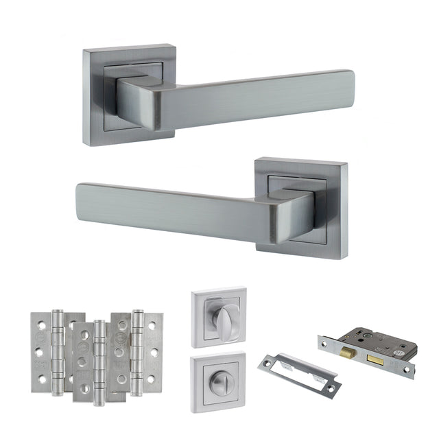 Quality image of STATUS Montana Door Handle Pack (Bathroom Set - 2.5" CE Bathroom Lock, 3" Fire Rated Hinges x3) - Satin Chrome | Sku. adps40ssc8 | available from Trade Door Handles.