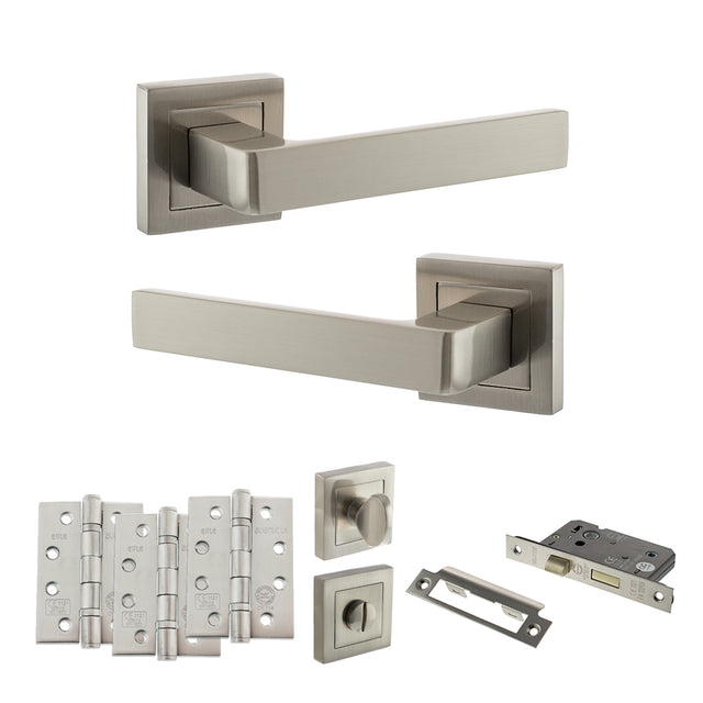 Quality image of STATUS Montana Door Handle Pack (Bathroom Set - 3" CE Bathroom Lock, 4" Fire Rated Hinges x3) - Satin Nickel | Sku. adps40ssn11 | available from Trade Door Handles.