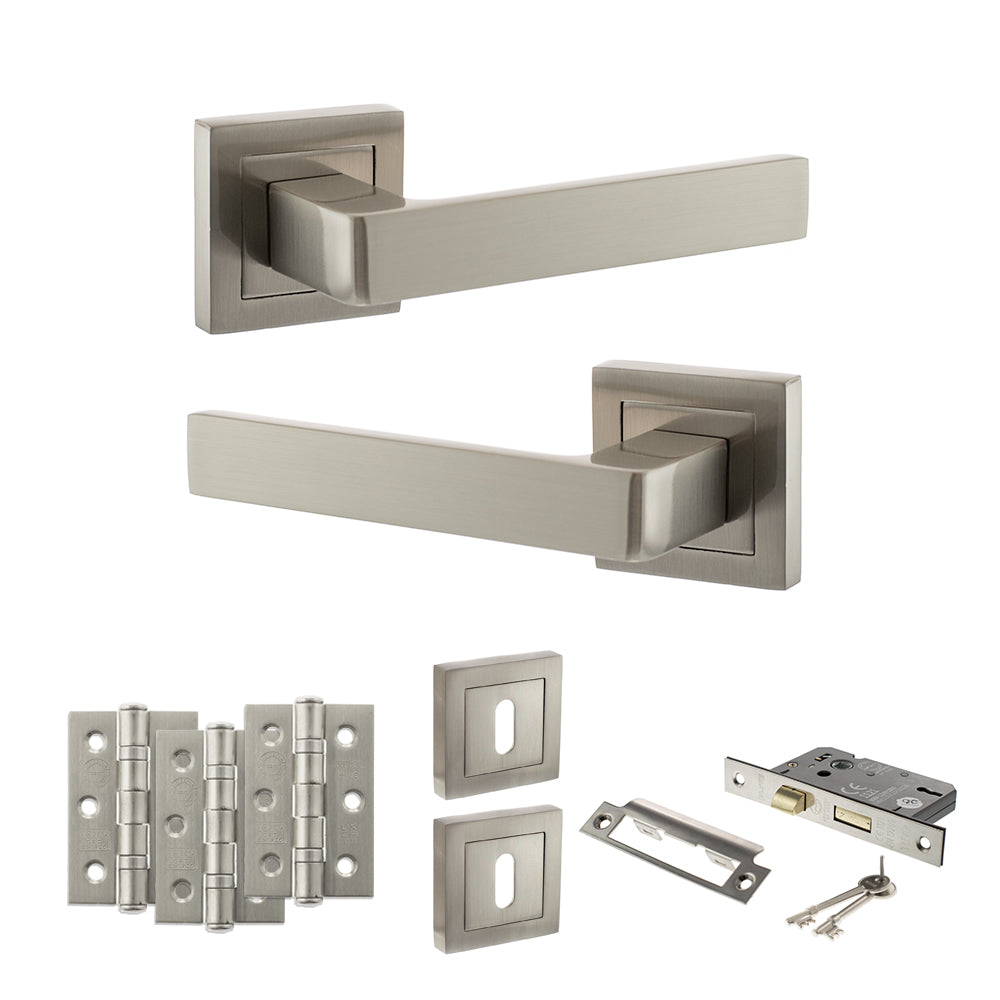 Quality image of STATUS Montana Door Handle Pack (3 Lever Lock Set - 2.5" CE Sashlock, 3" Fire Rated Hinges x3) - Satin Nickel | Sku. adps40ssn14 | available from Trade Door Handles.