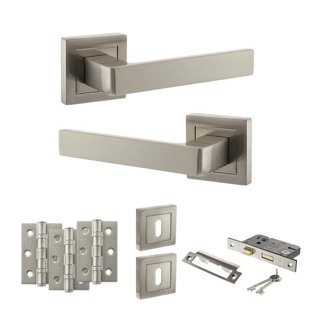 Quality image of STATUS Montana Door Handle Pack (3 Lever Lock Set - 3" CE Sashlock, 3" Fire Rated Hinges x3) - Satin Nickel | Sku. adps40ssn15 | available from Trade Door Handles.