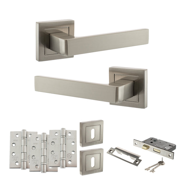 Quality image of STATUS Montana Door Handle Pack (3 Lever Lock Set - 2.5" CE Sashlock, 4" Fire Rated Hinges x3) - Satin Nickel | Sku. adps40ssn16 | available from Trade Door Handles.
