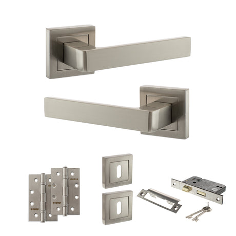 Quality image of STATUS Montana Door Handle Pack (3 Lever Lock Set - 2.5" CE Sashlock, 4" Slim Knuckle Hinges x2) - Satin Nickel | Sku. adps40ssn18 | available from Trade Door Handles.