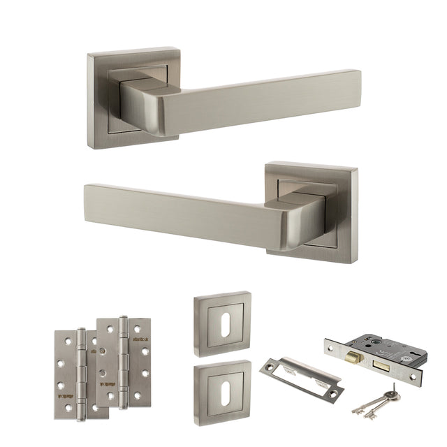 Quality image of STATUS Montana Door Handle Pack (3 Lever Lock Set - 3" CE Sashlock, 4" Slim Knuckle Hinges x2) - Satin Nickel | Sku. adps40ssn19 | available from Trade Door Handles.