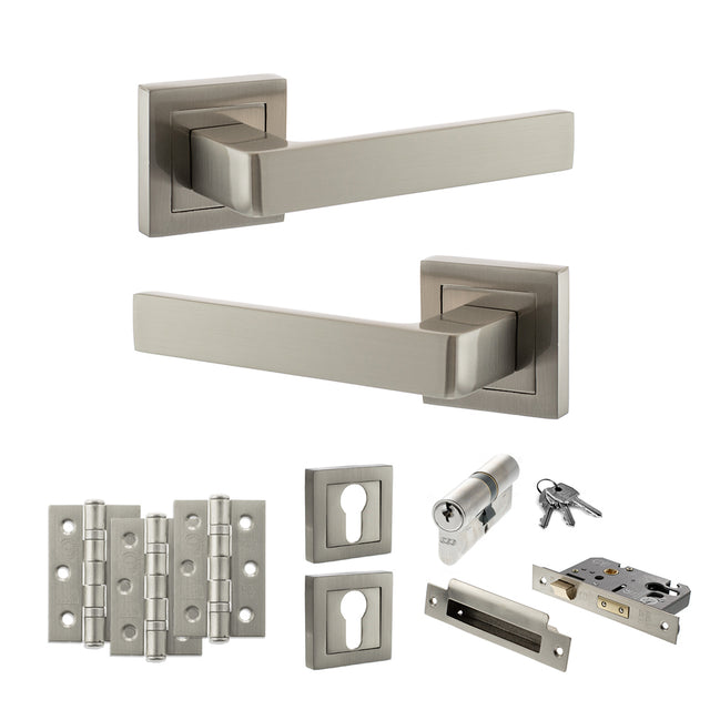 Quality image of STATUS Montana Door Handle Pack (Euro Lock Set - 2.5" CE Sashlock, 3" Fire Rated Hinges x3) - Satin Nickel | Sku. adps40ssn20 | available from Trade Door Handles.