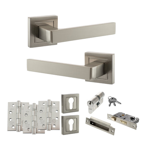 Quality image of STATUS Montana Door Handle Pack (Euro Lock Set - 2.5" CE Sashlock, 4" Fire Rated Hinges x3) - Satin Nickel | Sku. adps40ssn22 | available from Trade Door Handles.