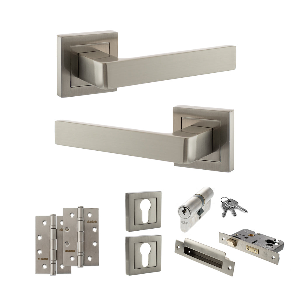 Quality image of STATUS Montana Door Handle Pack (Euro Lock Set - 2.5" CE Sashlock, 4" Slim Knuckle Hinges x2) - Satin Nickel | Sku. adps40ssn24 | available from Trade Door Handles.