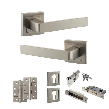 Quality image of STATUS Montana Door Handle Pack (Euro Lock Set - 2.5" CE Sashlock, 4" Slim Knuckle Hinges x2) - Satin Nickel | Sku. adps40ssn24 | available from Trade Door Handles.