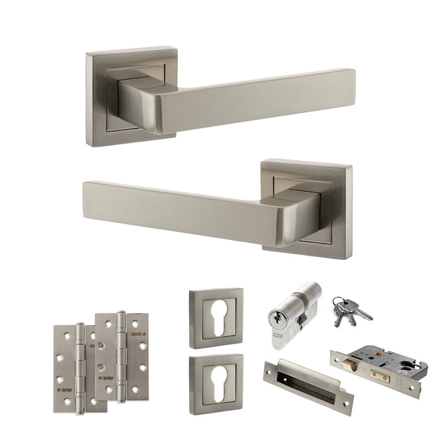 Quality image of STATUS Montana Door Handle Pack (Euro Lock Set - 2.5" CE Sashlock, 4" Slim Knuckle Hinges x2) - Satin Nickel | Sku. adps40ssn24 | available from Trade Door Handles.