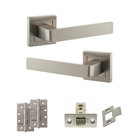 Quality image of STATUS Montana Door Handle Pack (Latch Set - 2.5" CE Latch, 4" Slim Knuckle Hinges x2) - Satin Nickel | Sku. adps40ssn5 | available from Trade Door Handles.