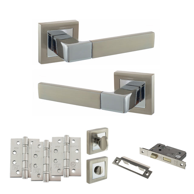 Quality image of STATUS Montana Door Handle Pack (Bathroom Set - 2.5" CE Bathroom Lock, 4" Fire Rated Hinges x3) - Satin Nickel/Polished Chrome | Sku. adps40ssnpc10 | available from Trade Door Handles.