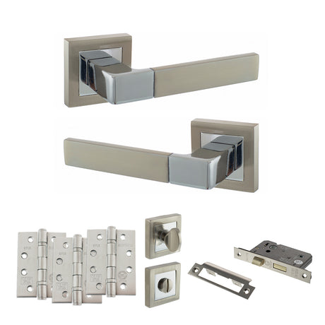 Quality image of STATUS Montana Door Handle Pack (Bathroom Set - 3" CE Bathroom Lock, 4" Fire Rated Hinges x3) - Satin Nickel/Polished Chrome | Sku. adps40ssnpc11 | available from Trade Door Handles.