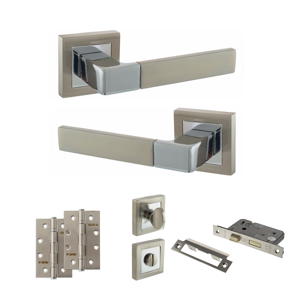 Quality image of STATUS Montana Door Handle Pack (Bathroom Set - 2.5" CE Bathroom Lock, 4" Slim Knuckle Hinges x2) - Satin Nickel/Polished Chrome | Sku. adps40ssnpc12 | available from Trade Door Handles.