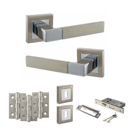 Quality image of STATUS Montana Door Handle Pack (3 Lever Lock Set - 2.5" CE Sashlock, 3" Fire Rated Hinges x3) - Satin Nickel/Polished Chrome | Sku. adps40ssnpc14 | available from Trade Door Handles.