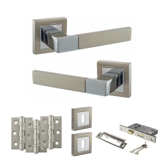 Quality image of STATUS Montana Door Handle Pack (3 Lever Lock Set - 3" CE Sashlock, 3" Fire Rated Hinges x3) - Satin Nickel/Polished Chrome | Sku. adps40ssnpc15 | available from Trade Door Handles.