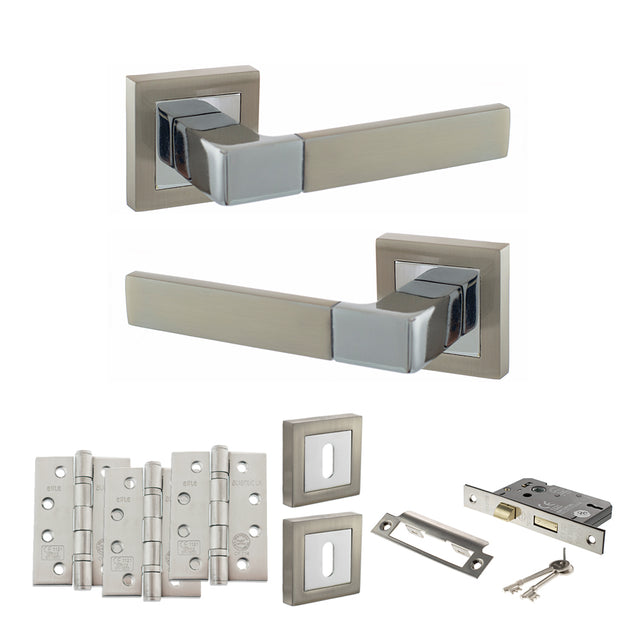Quality image of STATUS Montana Door Handle Pack (3 Lever Lock Set - 3" CE Sashlock, 4" Fire Rated Hinges x3) - Satin Nickel/Polished Chrome | Sku. adps40ssnpc17 | available from Trade Door Handles.