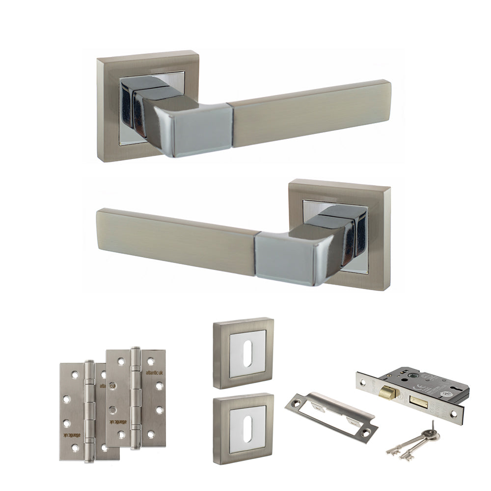 Quality image of STATUS Montana Door Handle Pack (3 Lever Lock Set - 3" CE Sashlock, 4" Slim Knuckle Hinges x2) - Satin Nickel/Polished Chrome | Sku. adps40ssnpc19 | available from Trade Door Handles.