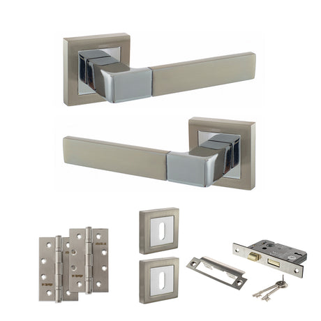 Quality image of STATUS Montana Door Handle Pack (3 Lever Lock Set - 3" CE Sashlock, 4" Slim Knuckle Hinges x2) - Satin Nickel/Polished Chrome | Sku. adps40ssnpc19 | available from Trade Door Handles.