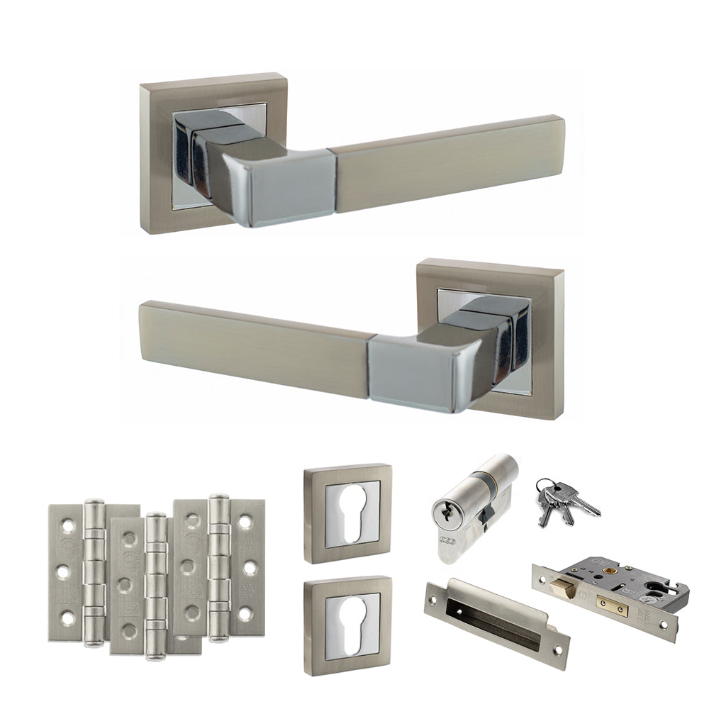 Quality image of STATUS Montana Door Handle Pack (Euro Lock Set - 2.5" CE Sashlock, 3" Fire Rated Hinges x3) - Satin Nickel/Polished Chrome | Sku. adps40ssnpc20 | available from Trade Door Handles.