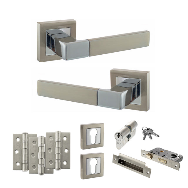 Quality image of STATUS Montana Door Handle Pack (Euro Lock Set - 3" CE Sashlock, 3" Fire Rated Hinges x3) - Satin Nickel/Polished Chrome | Sku. adps40ssnpc21 | available from Trade Door Handles.