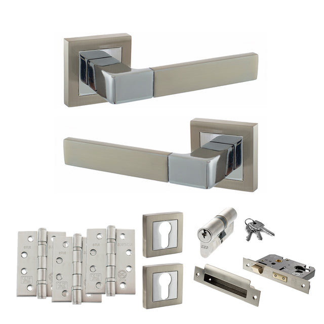 Quality image of STATUS Montana Door Handle Pack (Euro Lock Set - 3" CE Sashlock, 4" Fire Rated Hinges x3) - Satin Nickel/Polished Chrome | Sku. adps40ssnpc23 | available from Trade Door Handles.