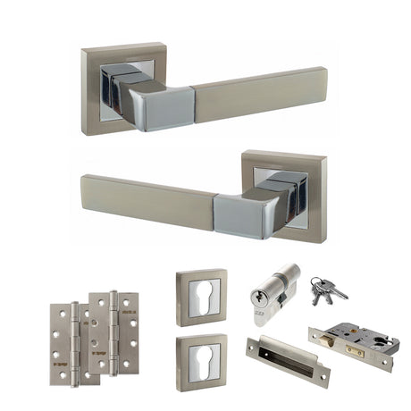 Quality image of STATUS Montana Door Handle Pack (Euro Lock Set - 3" CE Sashlock, 4" Slim Knuckle Hinges x2) - Satin Nickel/Polished Chrome | Sku. adps40ssnpc25 | available from Trade Door Handles.