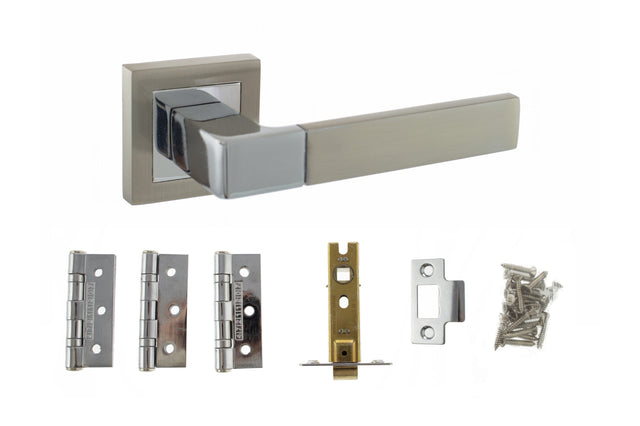 Quality image of STATUS Montana Door Handle Pack (Latch Set - 3" CE Latch, 3" Fire Rated Hinges x3) - Satin Nickel/Polished Chrome | Sku. adps40ssnpc2 | available from Trade Door Handles.