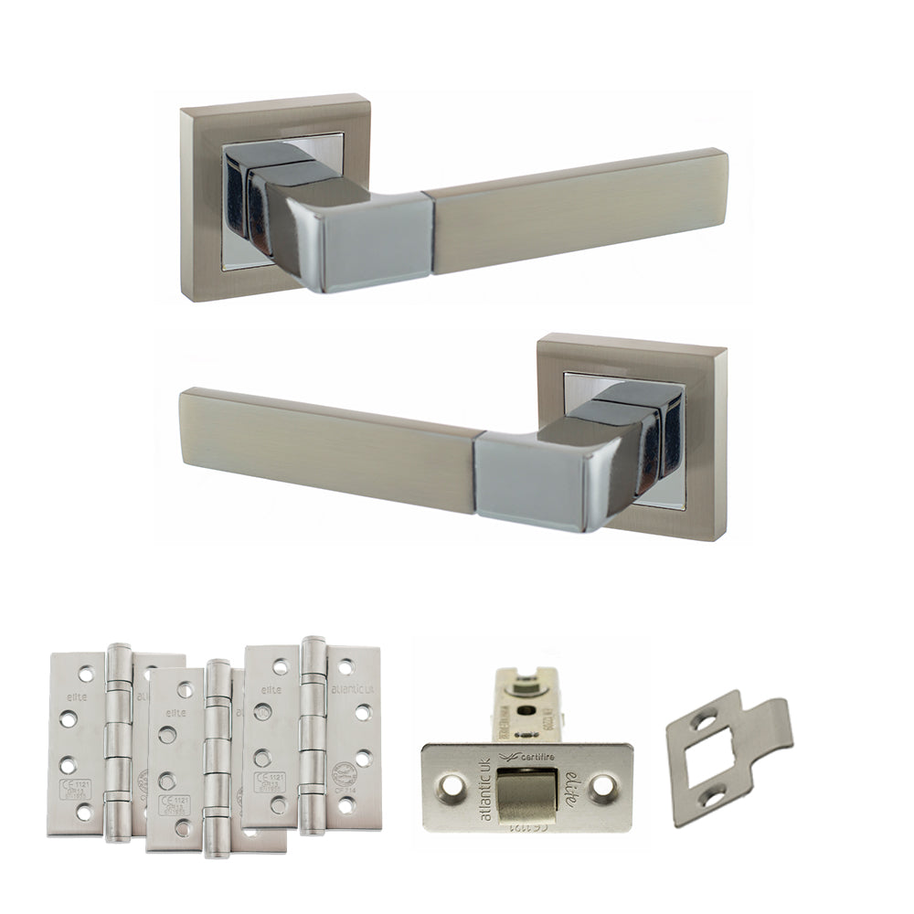 Quality image of STATUS Montana Door Handle Pack (Latch Set - 3" CE Latch, 4" Fire Rated Hinges x3) - Satin Nickel/Polished Chrome | Sku. adps40ssnpc4 | available from Trade Door Handles.