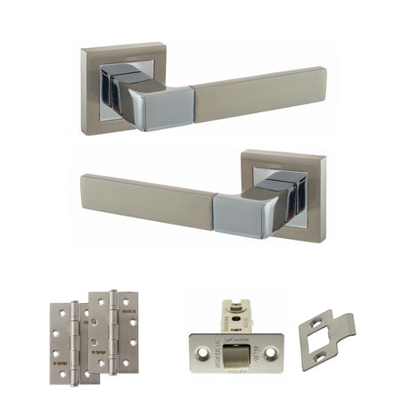 Quality image of STATUS Montana Door Handle Pack (Latch Set - 3" CE Latch, 4" Slim Knuckle Hinges x2) - Satin Nickel/Polished Chrome | Sku. adps40ssnpc6 | available from Trade Door Handles.