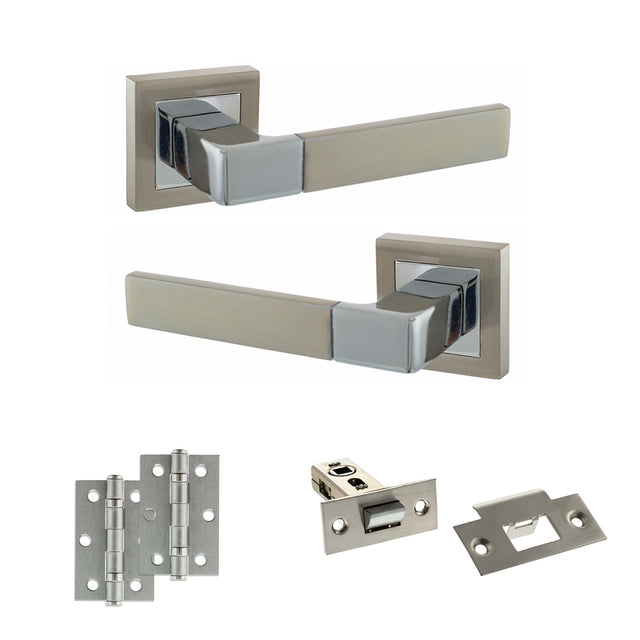 Quality image of STATUS Montana Door Handle Pack (Latch Set - 2.5" Latch, 3" Hinges x2) - Satin Nickel/Polished Chrome | Sku. adps40ssnpc7 | available from Trade Door Handles.