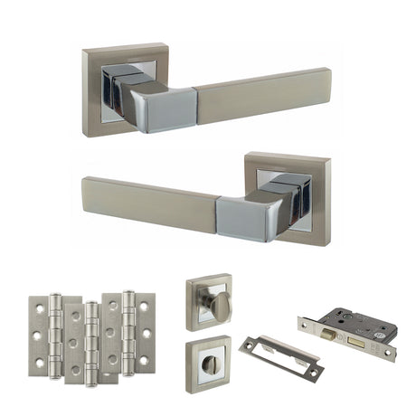 Quality image of STATUS Montana Door Handle Pack (Bathroom Set - 2.5" CE Bathroom Lock, 3" Fire Rated Hinges x3) - Satin Nickel/Polished Chrome | Sku. adps40ssnpc8 | available from Trade Door Handles.