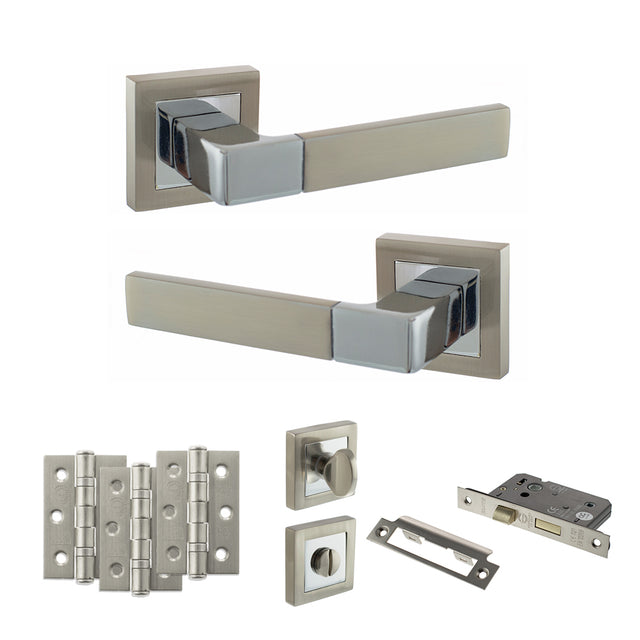 Quality image of STATUS Montana Door Handle Pack (Bathroom Set - 3" CE Bathroom Lock, 3" Fire Rated Hinges x3) - Satin Nickel/Polished Chrome | Sku. adps40ssnpc9 | available from Trade Door Handles.