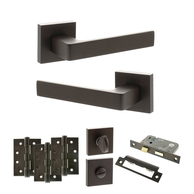 Quality image of STATUS Montana Door Handle Pack (Bathroom Set - 3" CE Bathroom Lock, 4" Fire Rated Hinges x3) - Urban Dark Bronze | Sku. adps40sudb11 | available from Trade Door Handles.
