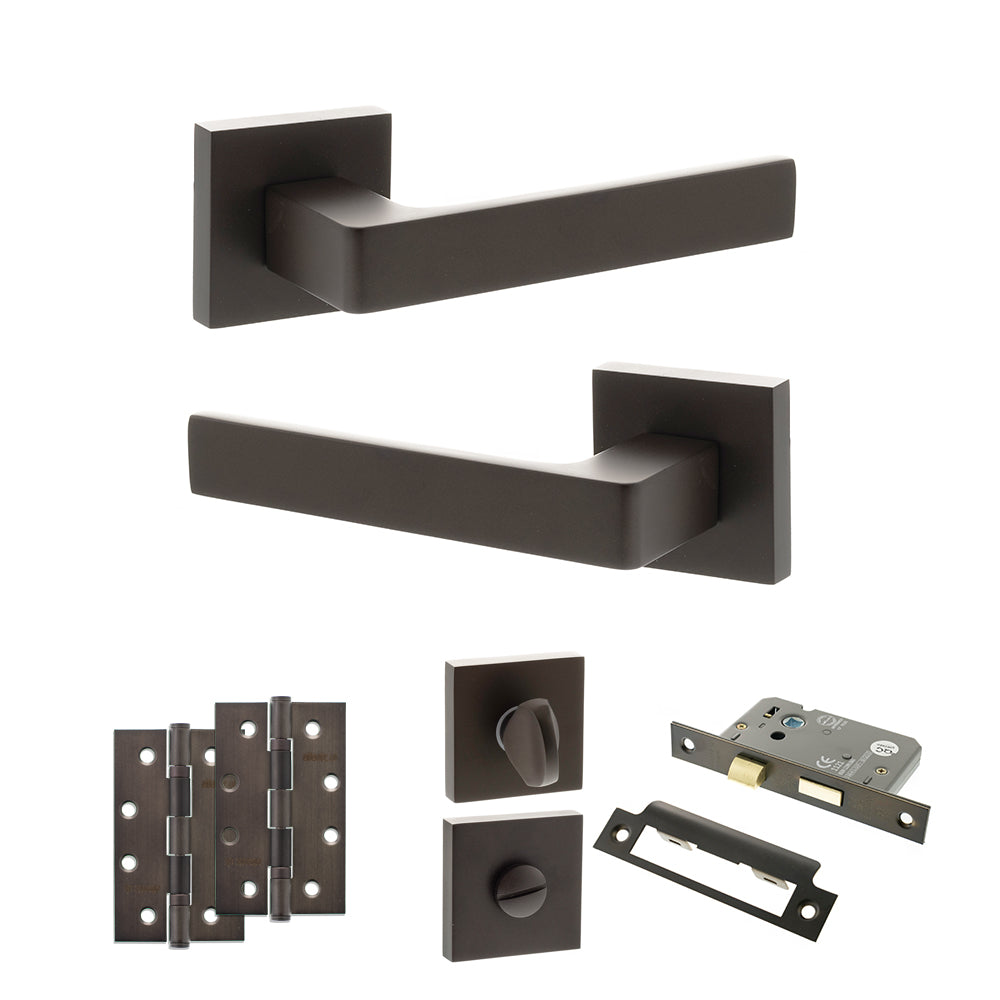 Quality image of STATUS Montana Door Handle Pack (Bathroom Set - 2.5" CE Bathroom Lock, 4" Slim Knuckle Hinges x2) - Urban Dark Bronze | Sku. adps40sudb12 | available from Trade Door Handles.