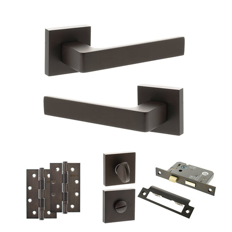 Quality image of STATUS Montana Door Handle Pack (Bathroom Set - 2.5" CE Bathroom Lock, 4" Slim Knuckle Hinges x2) - Urban Dark Bronze | Sku. adps40sudb12 | available from Trade Door Handles.