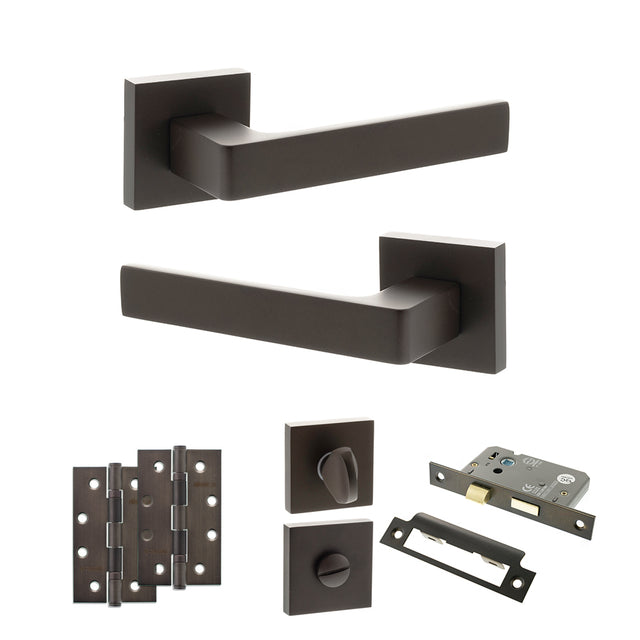 Quality image of STATUS Montana Door Handle Pack (Bathroom Set - 3" CE Bathroom Lock, 4" Slim Knuckle Hinges x2) - Urban Dark Bronze | Sku. adps40sudb13 | available from Trade Door Handles.