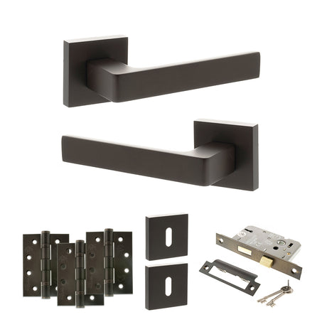 Quality image of STATUS Montana Door Handle Pack (3 Lever Lock Set - 2.5" CE Sashlock, 4" Fire Rated Hinges x3) - Urban Dark Bronze | Sku. adps40sudb16 | available from Trade Door Handles.