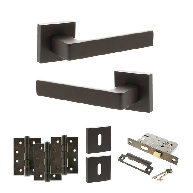 Quality image of STATUS Montana Door Handle Pack (3 Lever Lock Set - 2.5" CE Sashlock, 4" Fire Rated Hinges x3) - Urban Dark Bronze | Sku. adps40sudb16 | available from Trade Door Handles.