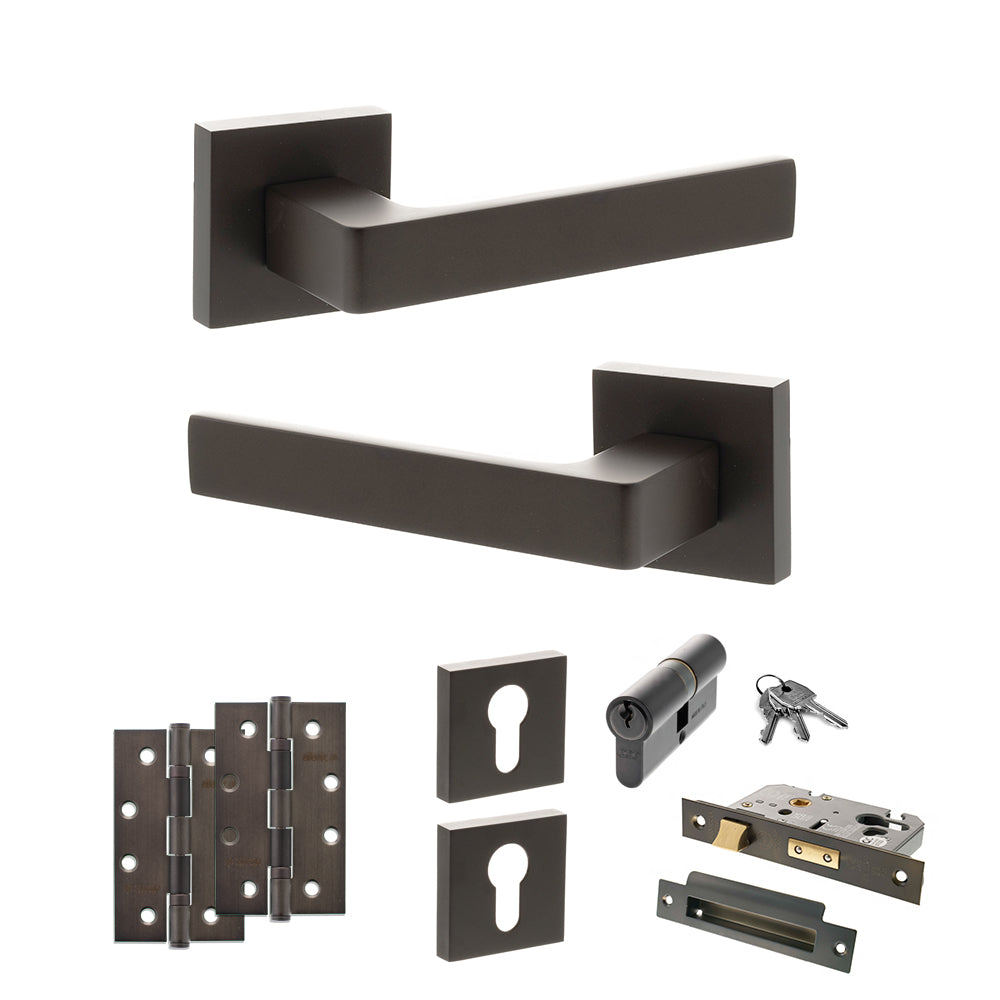 Quality image of STATUS Montana Door Handle Pack (Euro Lock Set - 3" CE Sashlock, 4" Slim Knuckle Hinges x2) - Urban Dark Bronze | Sku. adps40sudb25 | available from Trade Door Handles.