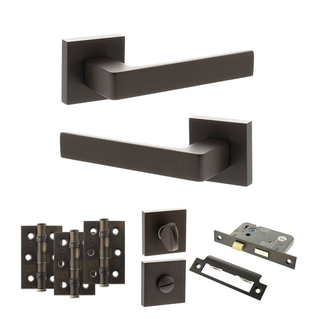 Quality image of STATUS Montana Door Handle Pack (Bathroom Set - 2.5" CE Bathroom Lock, 3" Fire Rated Hinges x3) - Urban Dark Bronze | Sku. adps40sudb8 | available from Trade Door Handles.
