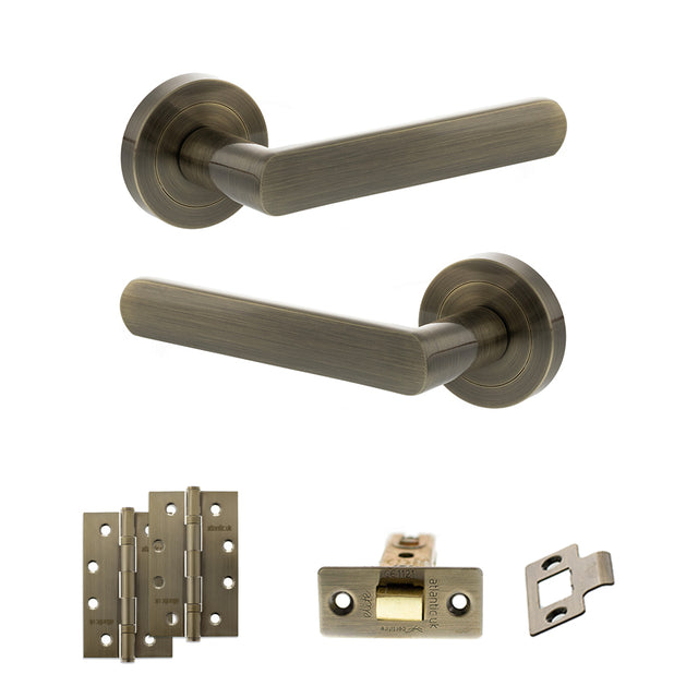 Quality image of STATUS Carolina Door Handle Pack (Latch Set - 2.5" CE Latch, 4" Slim Knuckle Hinges x2) - Antique Brass | Sku. adps42rab5 | available from Trade Door Handles.