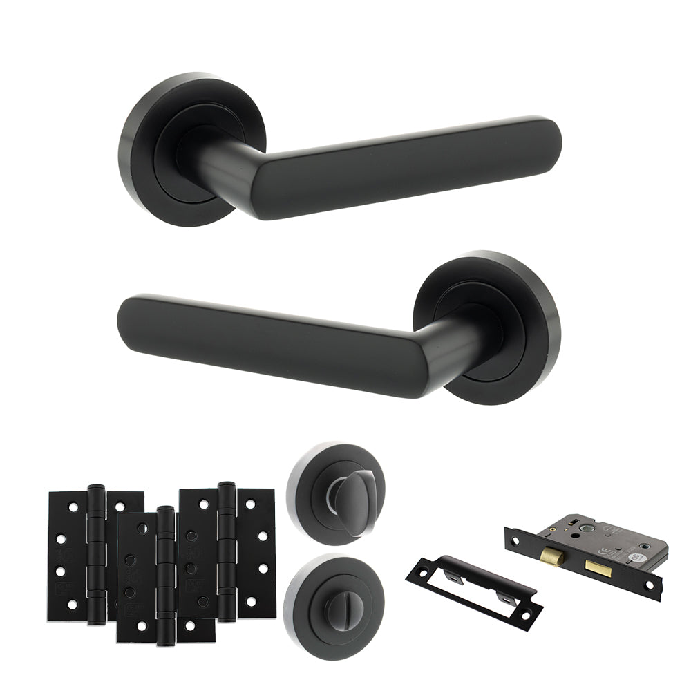 Quality image of STATUS Carolina Door Handle Pack (Bathroom Set - 2.5" CE Bathroom Lock, 4" Fire Rated Hinges x3) - Matt Black | Sku. adps42rmb10 | available from Trade Door Handles.