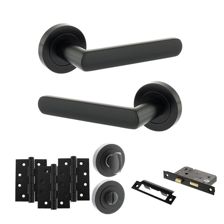 Quality image of STATUS Carolina Door Handle Pack (Bathroom Set - 2.5" CE Bathroom Lock, 4" Fire Rated Hinges x3) - Matt Black | Sku. adps42rmb10 | available from Trade Door Handles.