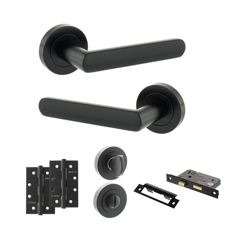 Quality image of STATUS Carolina Door Handle Pack (Bathroom Set - 2.5" CE Bathroom Lock, 4" Slim Knuckle Hinges x2) - Matt Black | Sku. adps42rmb12 | available from Trade Door Handles.