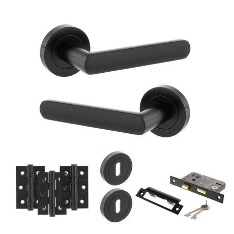 Quality image of STATUS Carolina Door Handle Pack (3 Lever Lock Set - 2.5" CE Sashlock, 3" Fire Rated Hinges x3) - Matt Black | Sku. adps42rmb14 | available from Trade Door Handles.