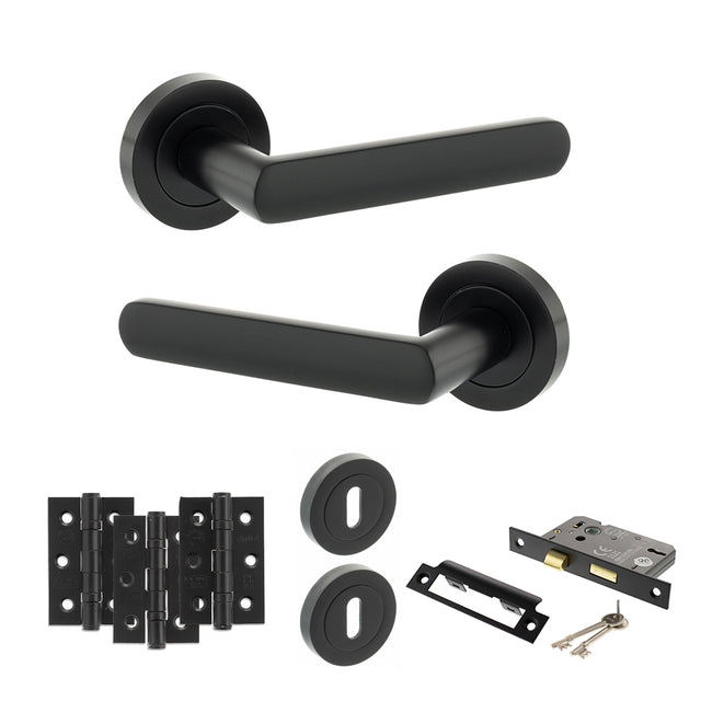 Quality image of STATUS Carolina Door Handle Pack (3 Lever Lock Set - 3" CE Sashlock, 3" Fire Rated Hinges x3) - Matt Black | Sku. adps42rmb15 | available from Trade Door Handles.