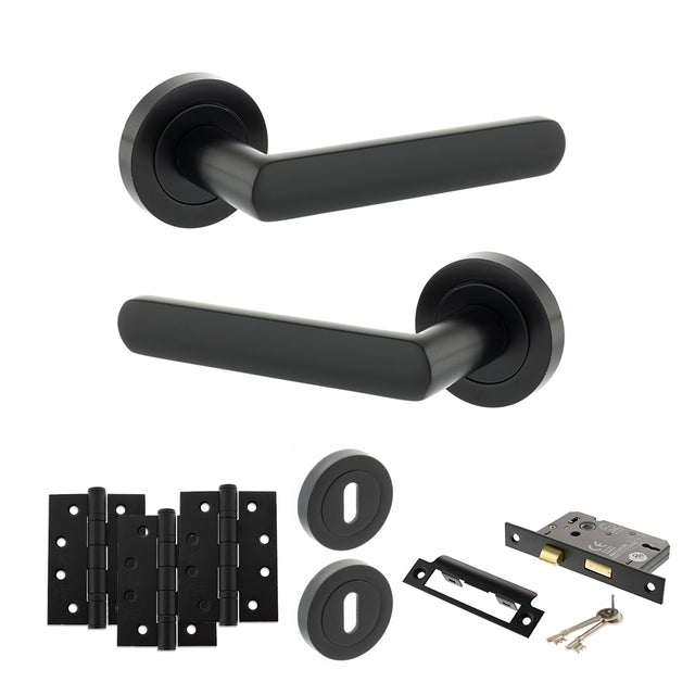 Quality image of STATUS Carolina Door Handle Pack (3 Lever Lock Set - 2.5" CE Sashlock, 4" Fire Rated Hinges x3) - Matt Black | Sku. adps42rmb16 | available from Trade Door Handles.